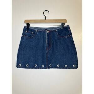 Vintage Y2K Denim Mini Skirt Grommet Bikercore Indie Vanguard Grunge Goth Sz 7/8
